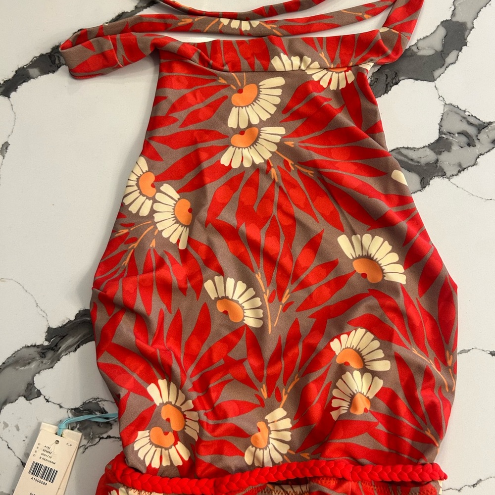 Seea Red and Orange One Piece Swimsuit backless with Wrap-Style Neckline - Picture 3 of 5